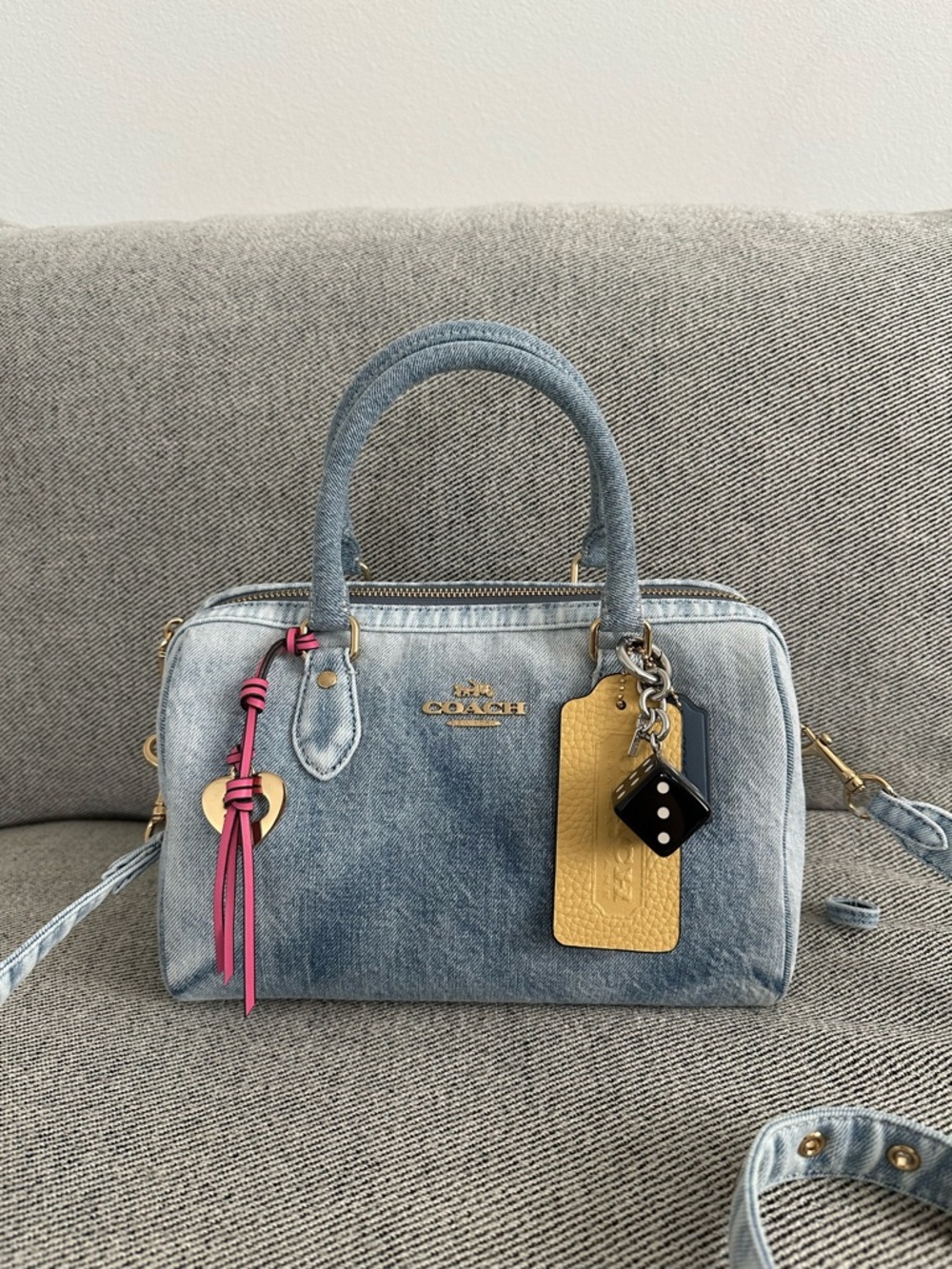 NWT Coach CDY74 Rowan Satchel Bag In Loved Denim With Charms Gold/Light Indigo